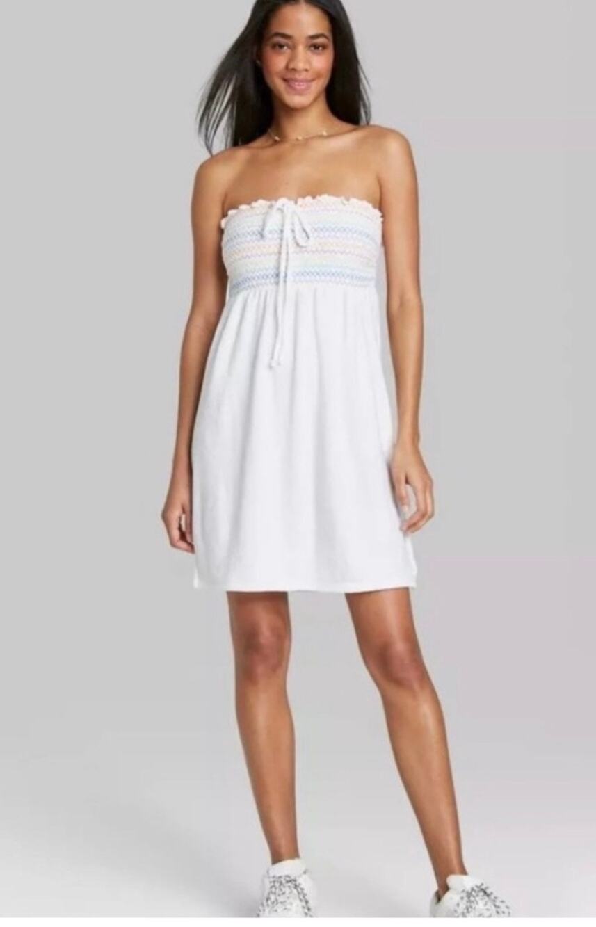 Wild Fable Terry Cloth Swim Cover Up Dress White Rainbow Smocked Tube Small NWT